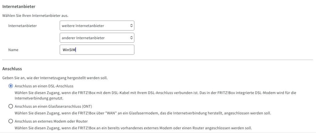 DSL Einrichtungsdialog der FritzBox für Weitere Anbieter mit Eingabe von WinSIM als Namen.