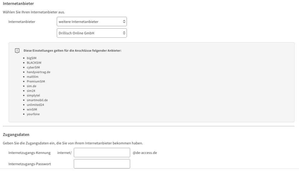 Bild der FritzBox Oberfläche für mit der DSL Einrichtungsmaske für den Anbieter "Drillisch Online GmbH"