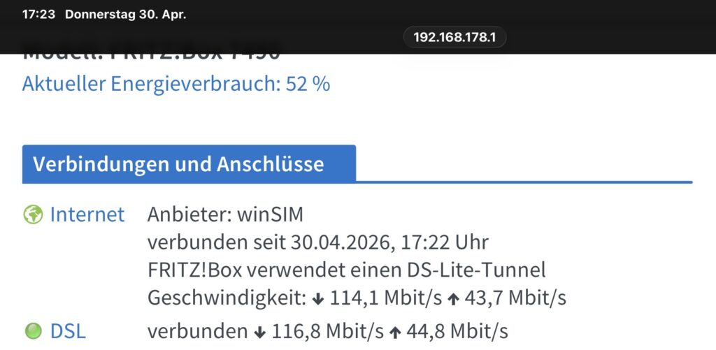 Oberfläche der Übersichtseite der FritzBox nach erfolgreicher Verbindung mit den Informationen wie z. B. FritzBox verwendet einen DS-Lite-Tunnel